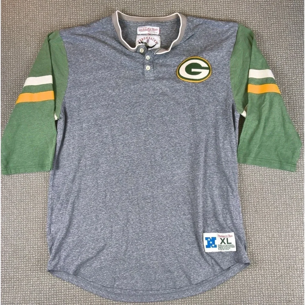 Mitchell & Ness Green Bay Packers Henley Shirt XL 3/4 Sleeve Raglan NFL Football